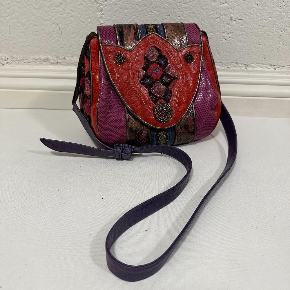 Vintage Sharif Rainbow Snakeskin Leather Patchwork Crossbody Bag